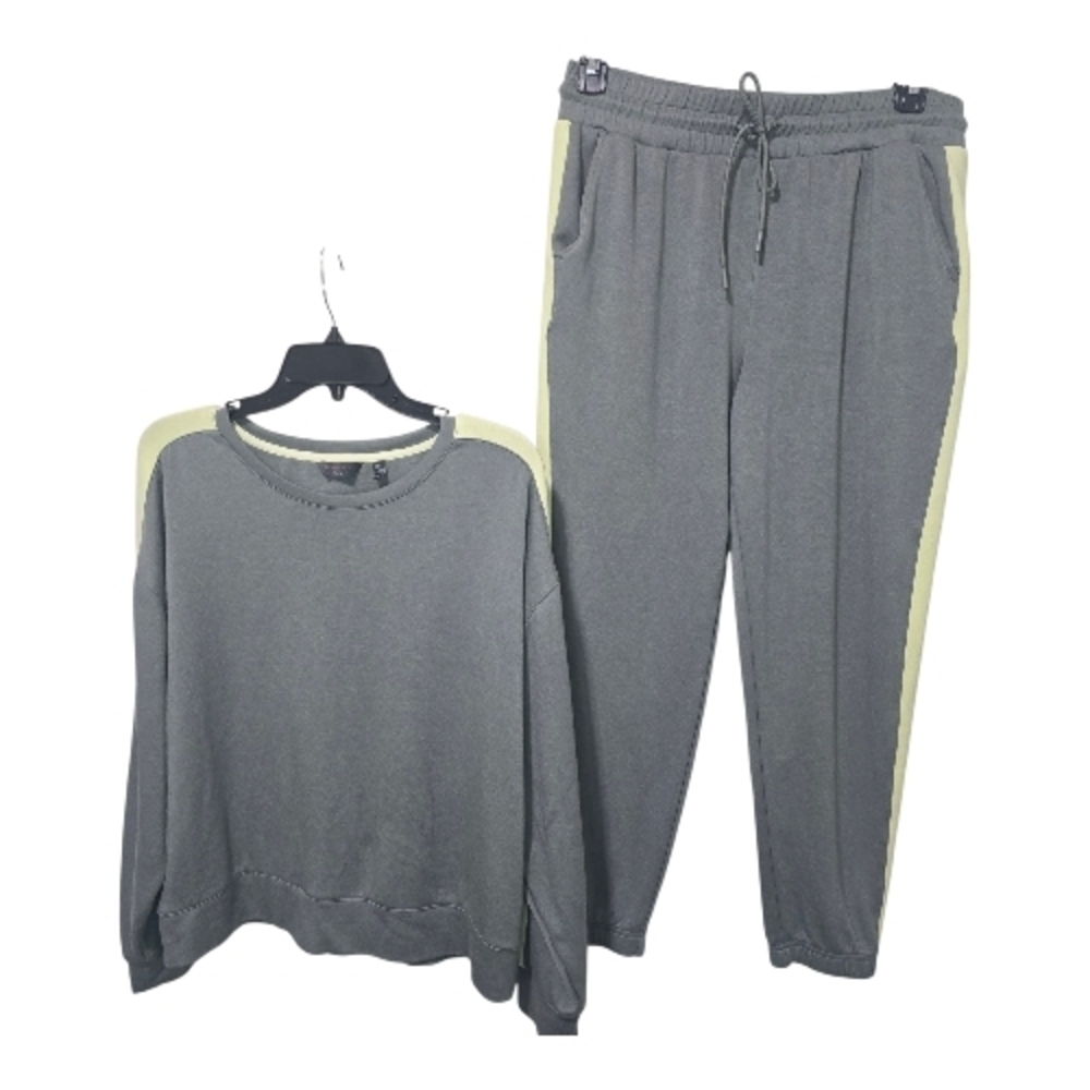 Danskin Super Soft Jogger Lounge Set Olive Green Lime Stripe Crewneck Size L